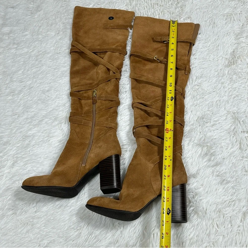 Sam Edelman Over the Knee Suede Boots Womens 8M Tan Block Heel Crisscross Wrap